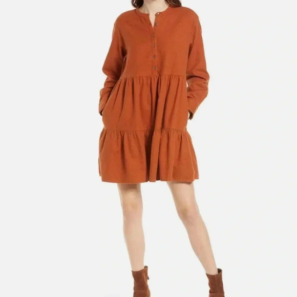 Madewell Flannel Button-Placket Tiered mini dress - Warm nutmeg - SIZE SMALL - Picture 3 of 11